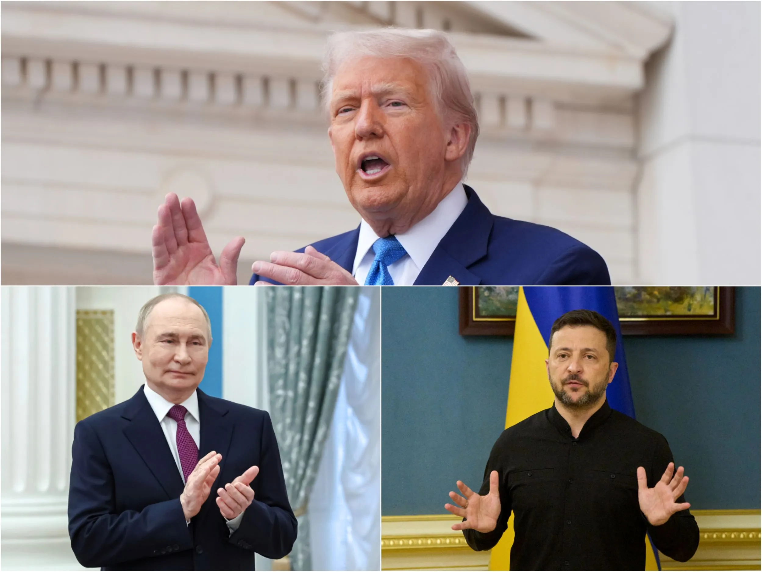 ウクライナのゼレンスキー大統領（右下）はプーチン（左下）、トランプとの三者会談を求めている。（AP通信）