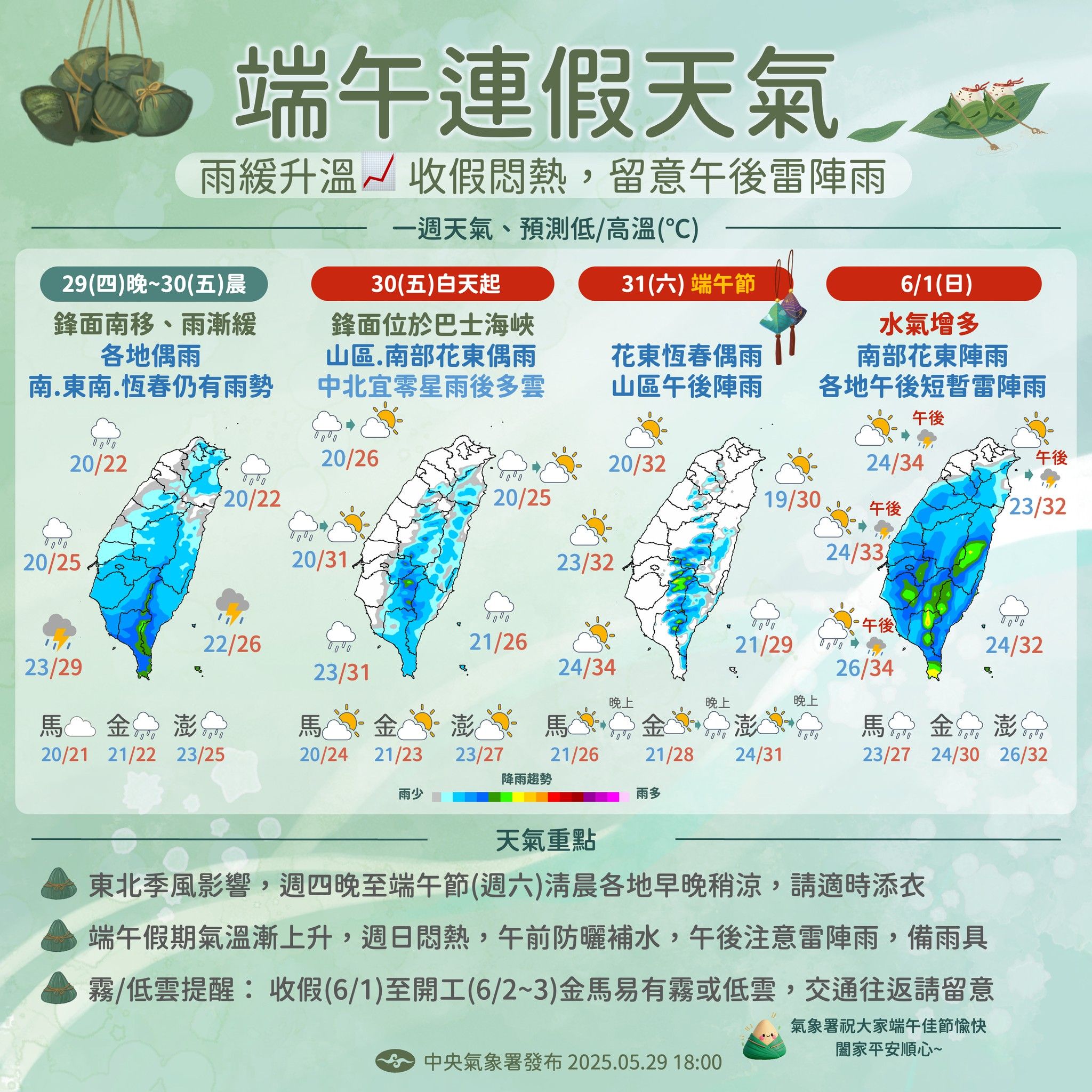 氣象署表示，端午連假後續假期氣溫逐步上升、轉為南風型態；1日天氣悶熱，午後雷陣雨明顯。（圖／取自中央氣象署臉書）