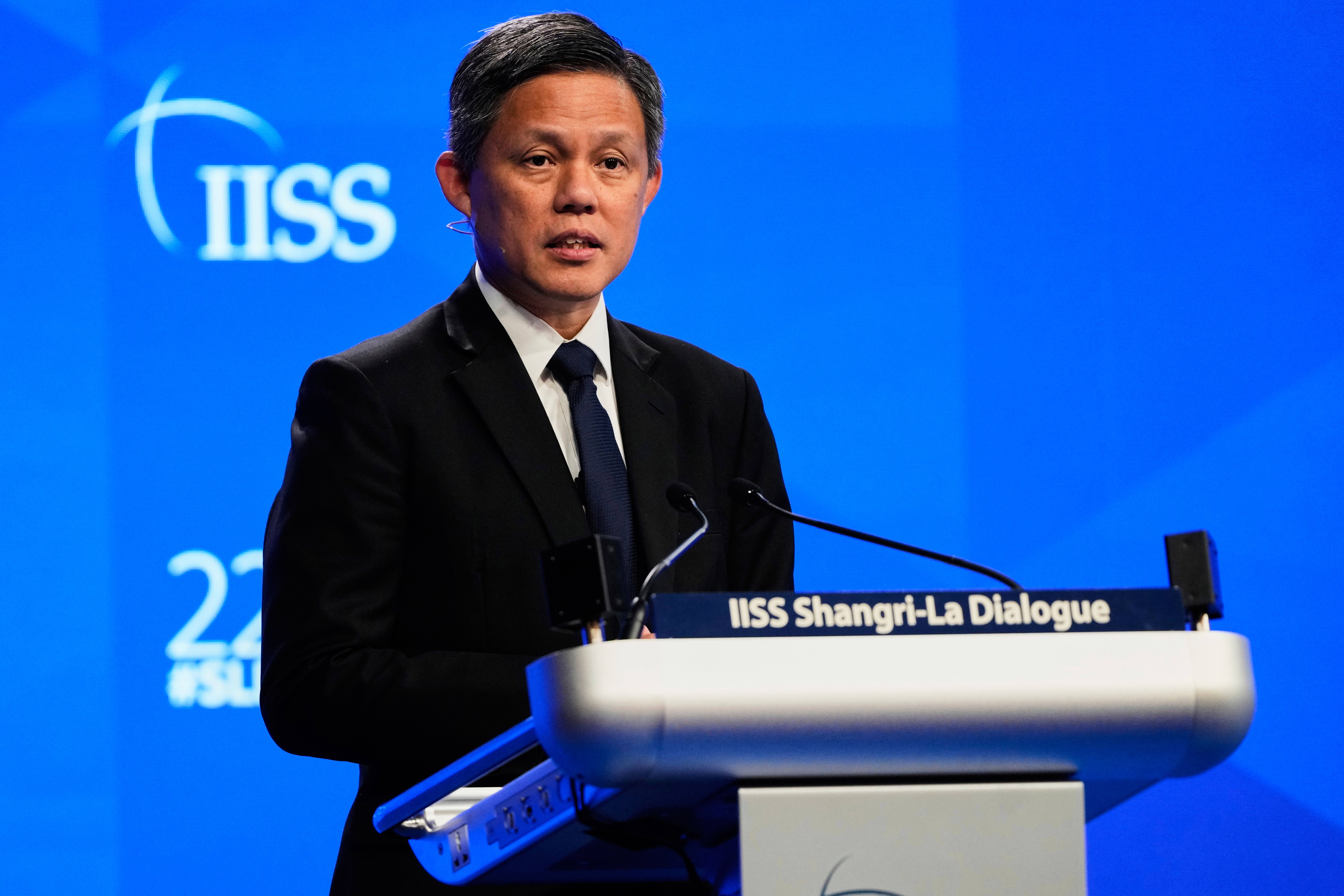 2025年6月1，新加坡國防部長陳振聲在第22屆香格里拉對話發表演說。（美聯社）