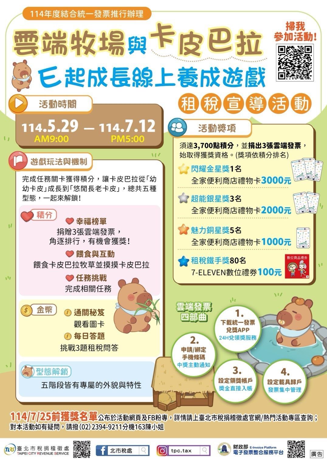 北市稅捐處推出「雲端牧場與卡皮巴拉 E 起成長線上養成遊戲」，讓民眾可以透過遊戲，將豐富獎品帶回家。（圖／ 臺北市政府稅捐處提供 ）