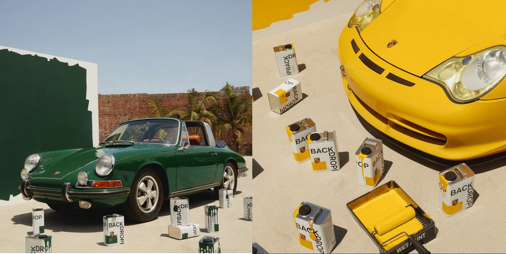 愛爾蘭綠（左）首度在356C與第一代911跑車現身，極速黃則代表1991年問世的911經典跑車，讓你家牆面瞬間穿越到經典賽道。