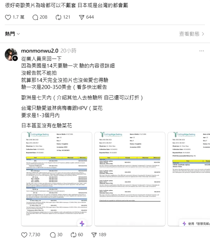 近日有Threads用戶好奇發問：「為何歐美A片多半無套拍攝，而日本與台灣作品卻經常戴套？」有「台灣第一AV女優」之稱的吳夢夢留言回復。（圖／翻攝自Threads）