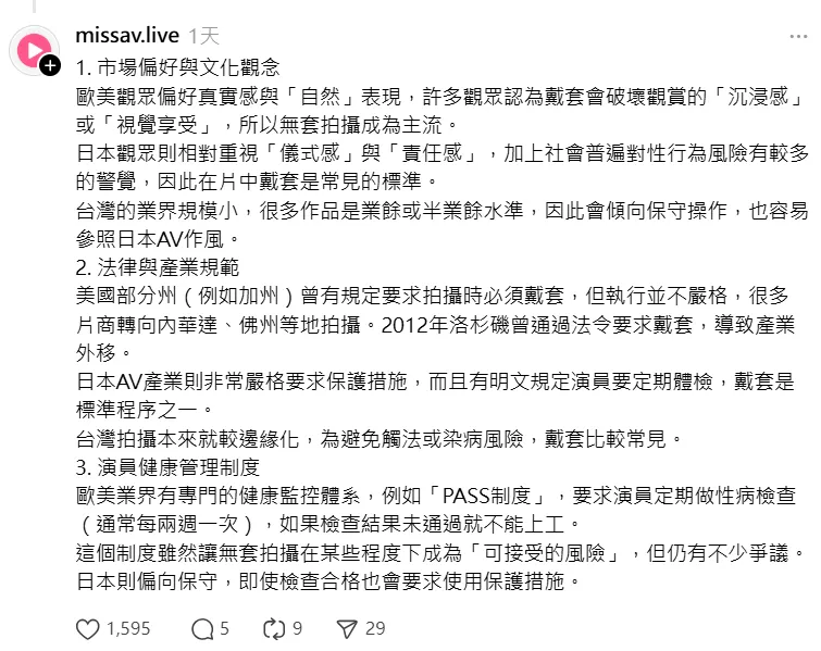 成人網站MissAV也留言回復，除了健康制度，成人影片的拍攝方式也與市場文化有關。（圖／翻攝自Threads）