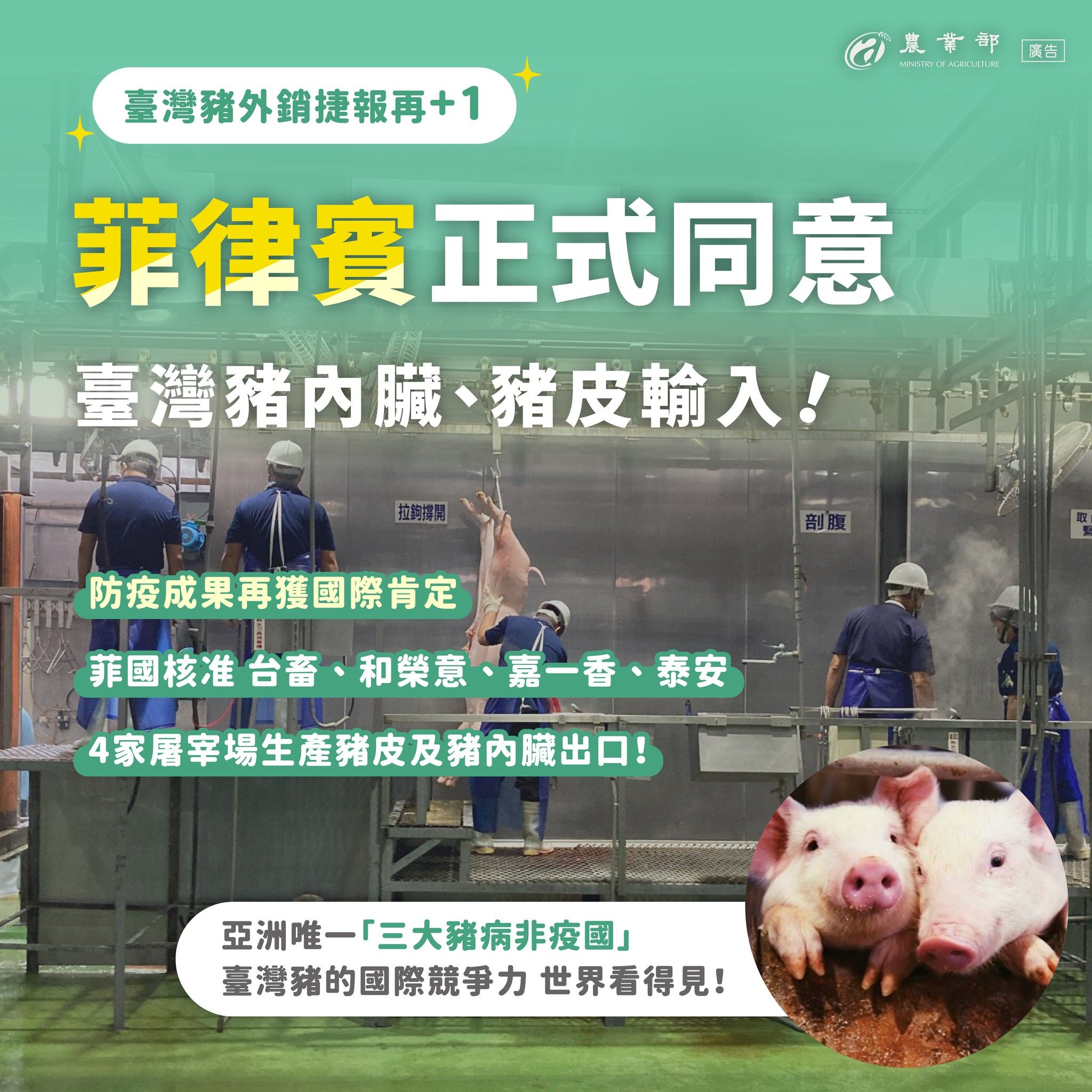 菲律賓同意台灣豬內臟豬皮輸入。(圖/農業部)