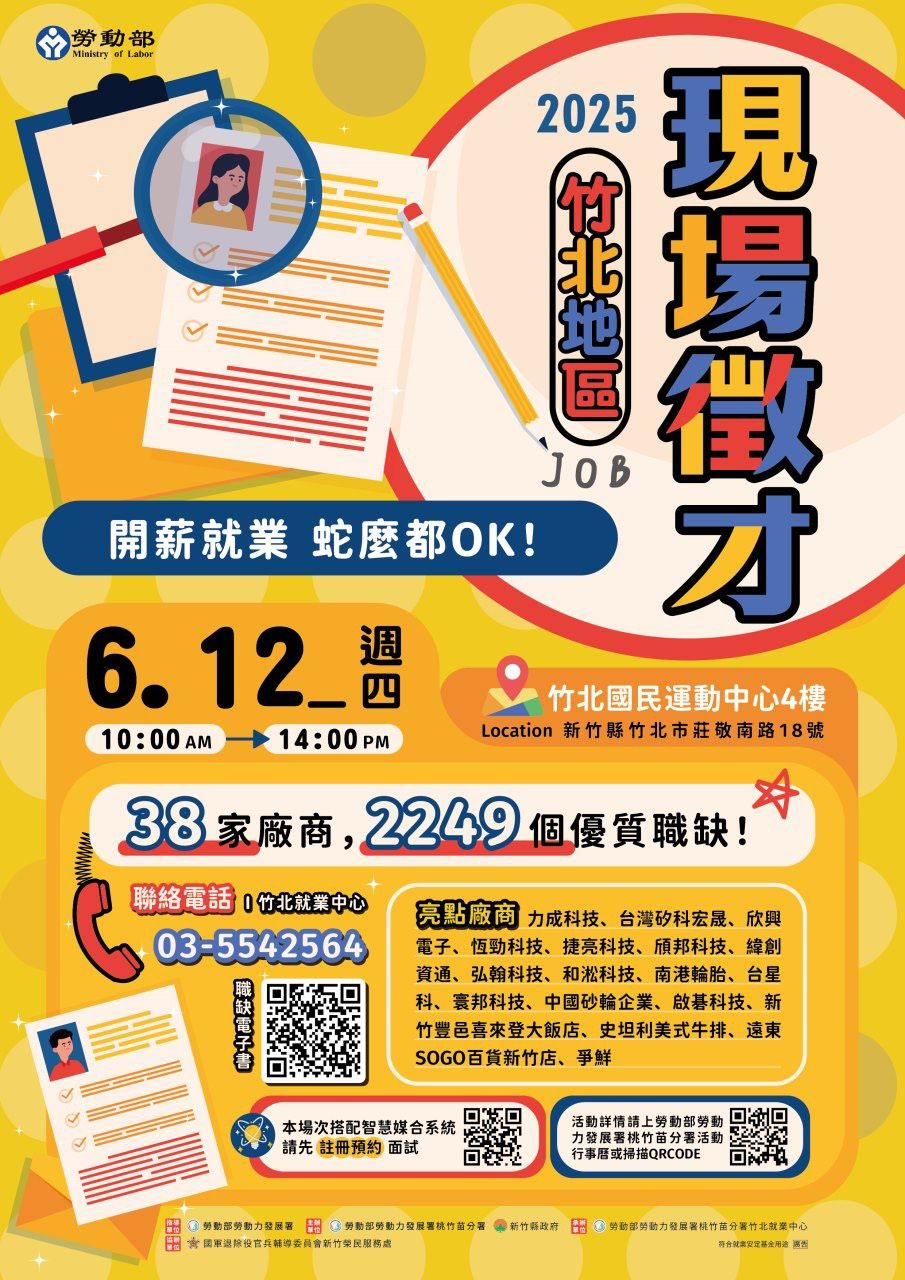 桃分署舉辦2025竹北地區現場徵才活動，邀請38家廠商，提供2,249個優質職缺。（圖／勞動力發展署桃竹苗分署提供 ）
