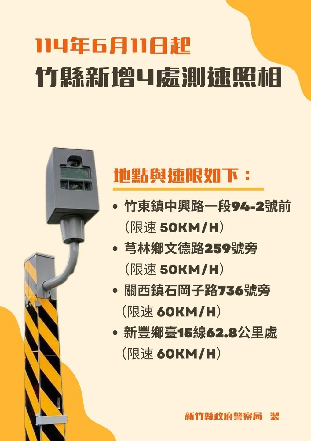 新竹縣新增4處測速照相。（圖／取自竹縣警好客）