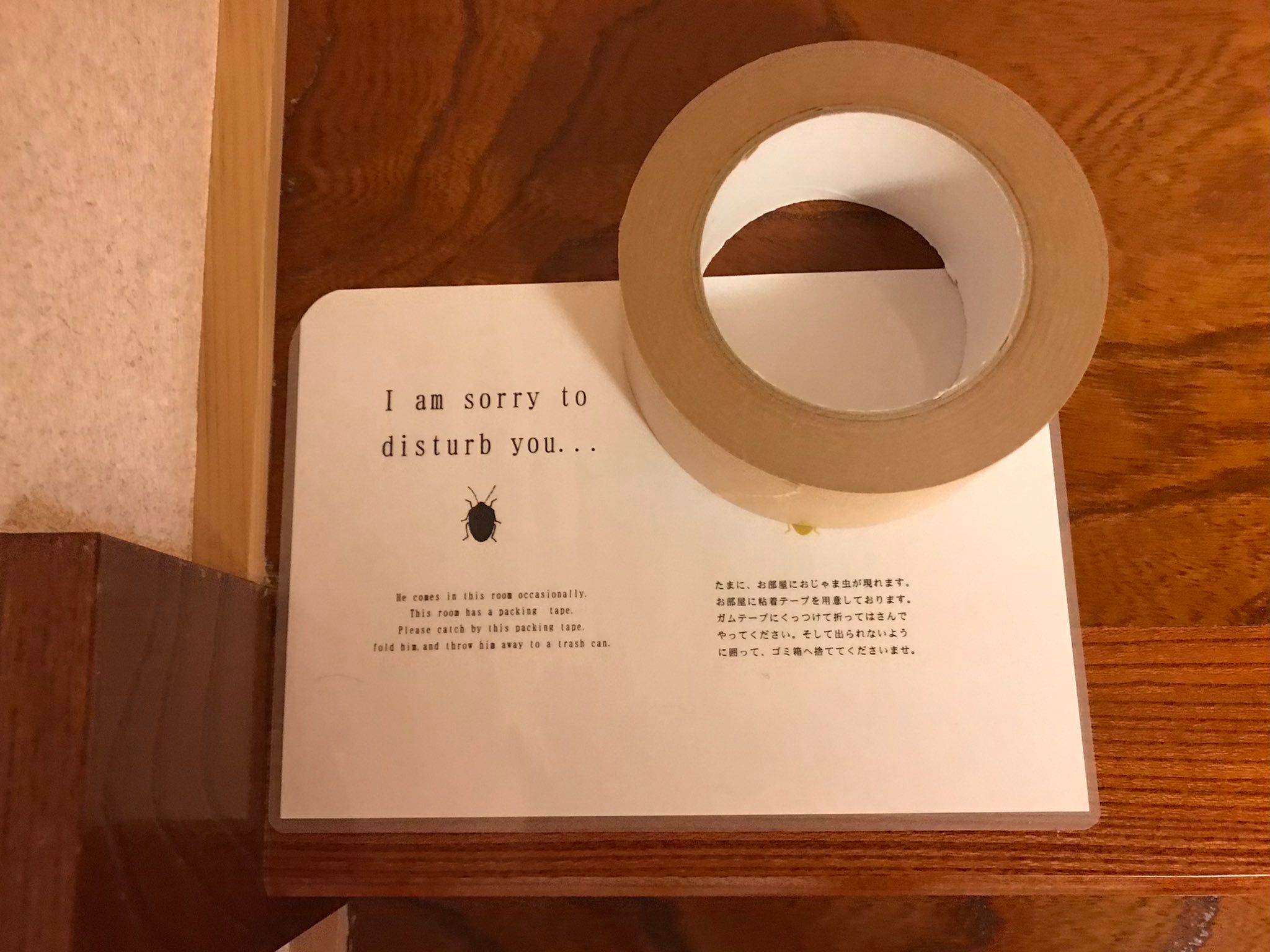 一名曾造訪北海道知床的網友表示，他所住的旅館同樣提供牛皮紙膠帶，桌上還特地附上說明卡，寫明此物是用來「抓椿象」的。（圖／翻攝自X／@Pirica0122）