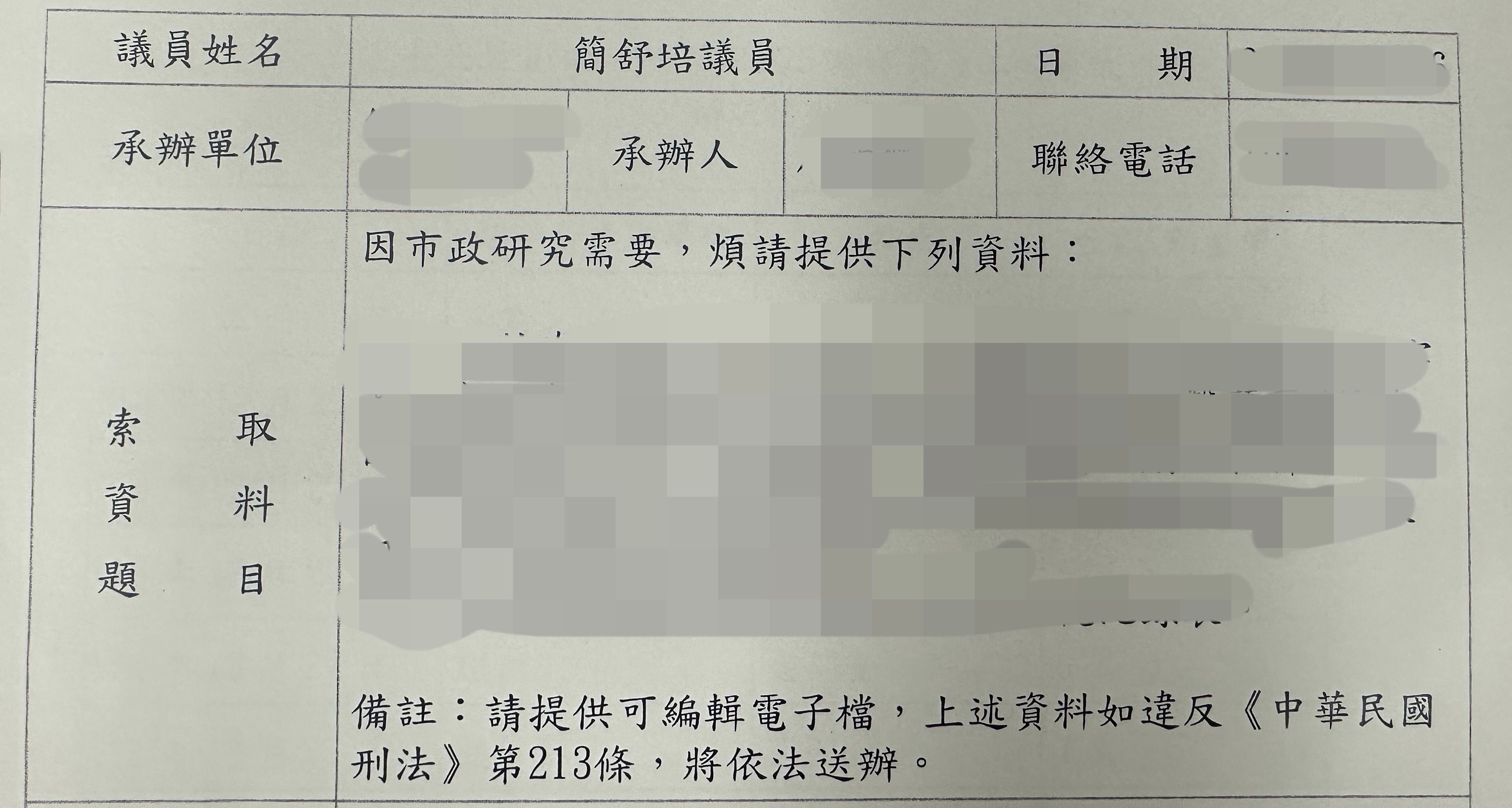 基層爆料簡舒培全台灣獨創在索資單上備註，「請提供可編輯電子檔，上述資料如違反《中華民國刑法》213條，將依法送辦｣，恐嚇意味濃厚。讀者提供