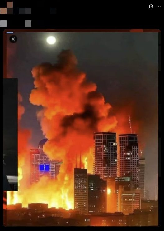 20250618-社群平台瘋傳一張照片，聲稱是以色列首都特拉維夫被轟炸後，由當地居民所拍攝的一幕。（取自X）