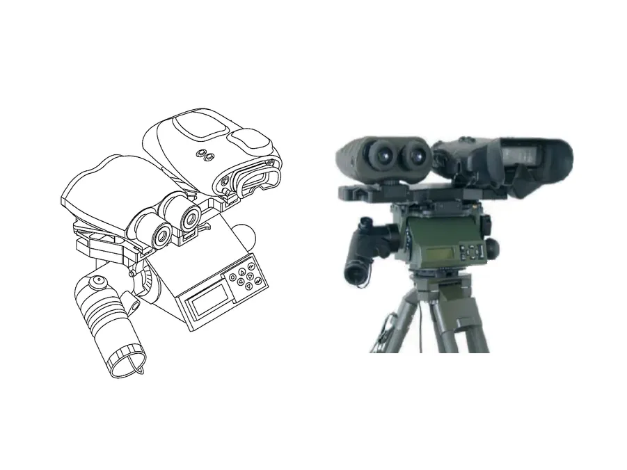 左圖為軍備局專利圖示，其上右側熱像儀款式非屬軍方現行宣傳樣式，設置位亦與現行版本不同，反而更接近Vectronix公司產品。(圖/取自智慧財產局)右圖為瑞士原廠型錄配置樣式。(圖/取自Vectronix公司型錄)