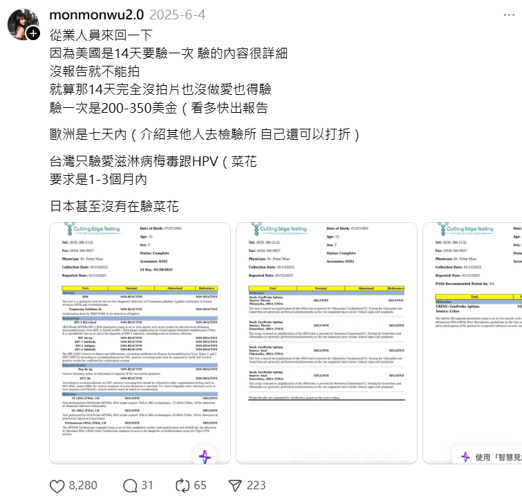 吳夢夢曾在社群解釋，歐美AV業界雖多數拍攝無套片，但背後建立在高度頻繁的檢驗機制之上。（圖／翻攝自Threads／monmonwu2.0）