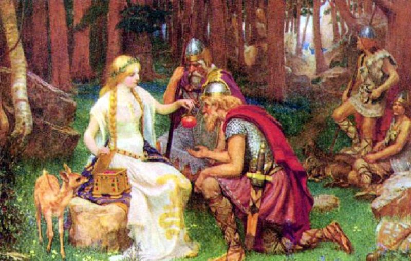  北歐的眾神是會老死的，由豐收女神伊登（Iðunn）負責看管能使眾神長生不死的魔法蘋果。Image by J. Penrose, 1890（維基百科）