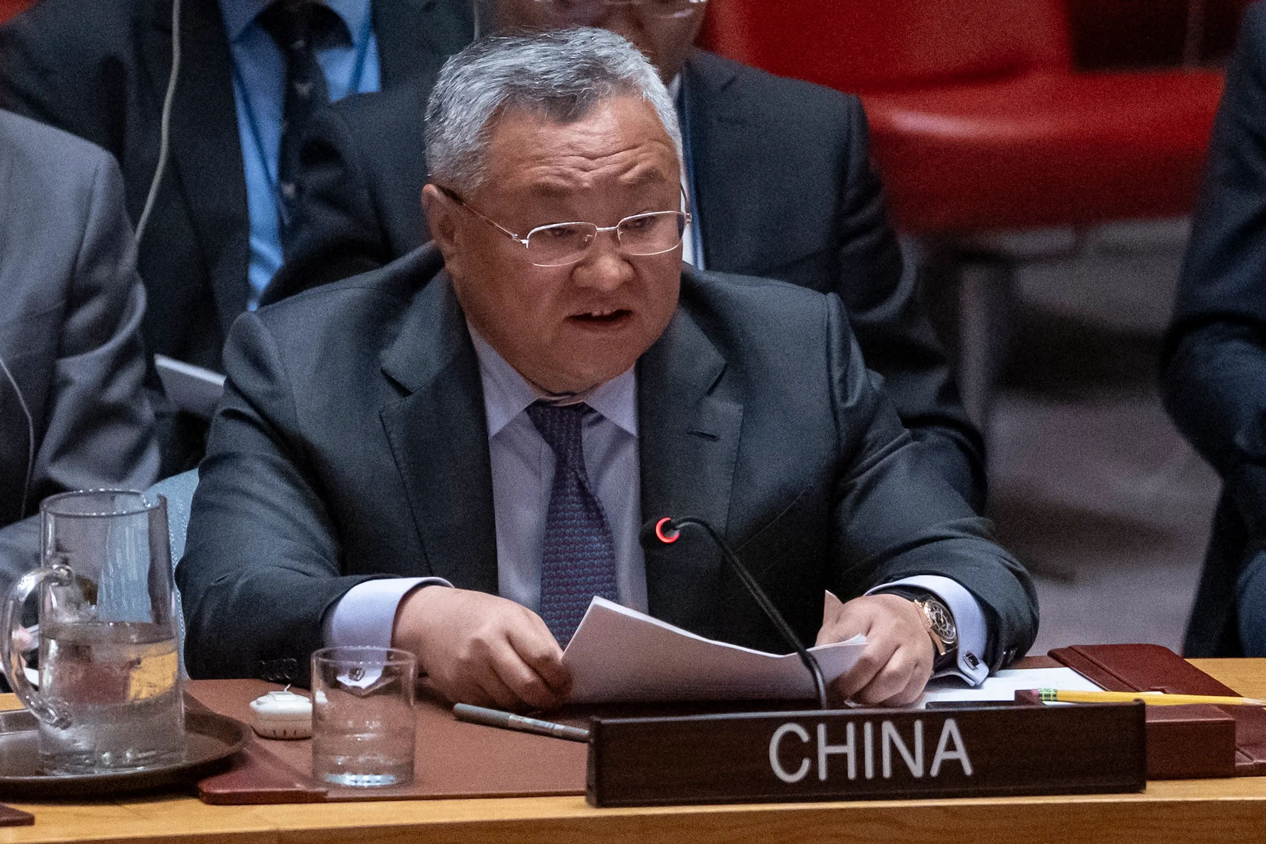 2025年6月24日中国常駐国連代表の傅聡が、国連本部で行われた安全保障理事会で演説。（AP）