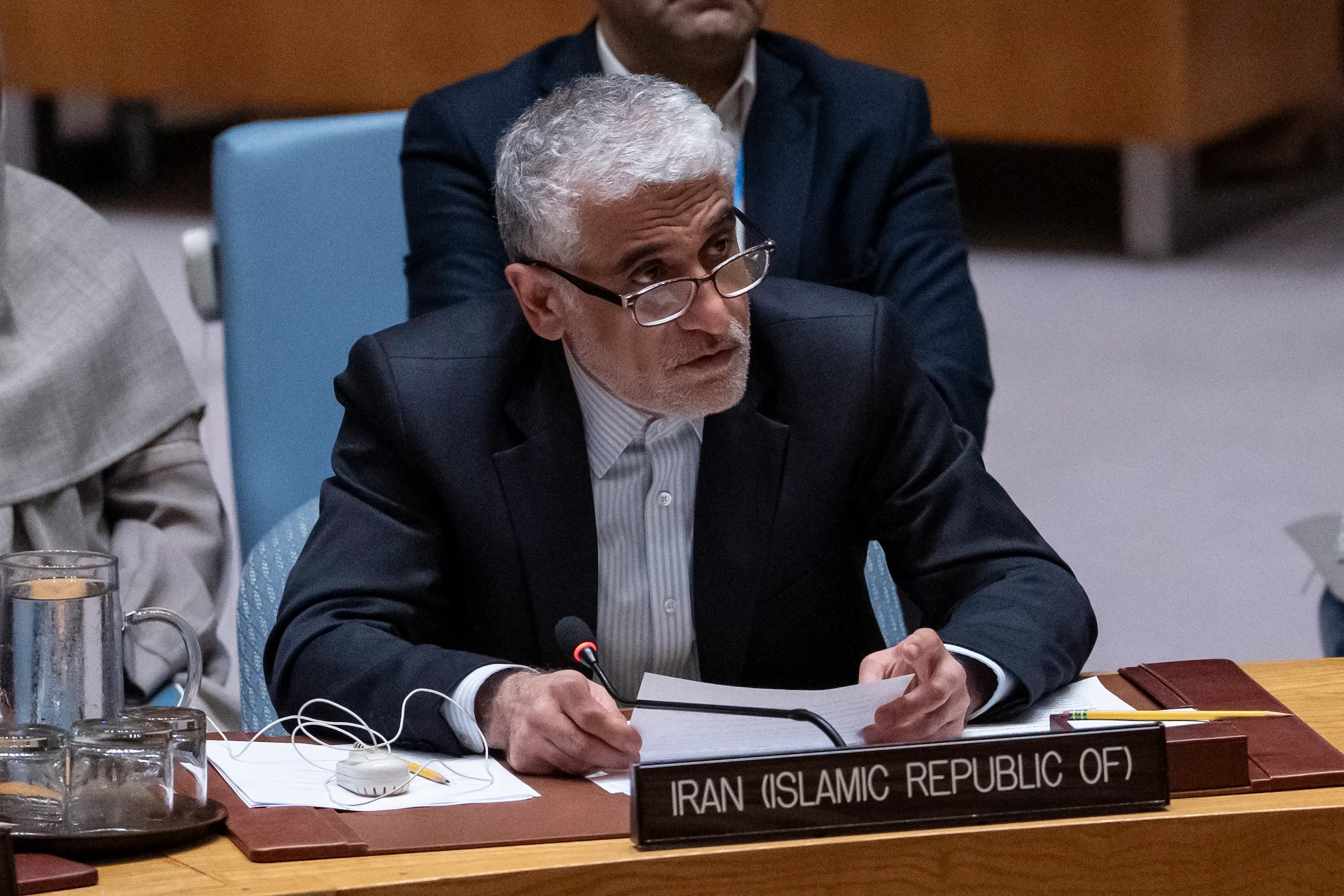 2025年6月24日，伊朗駐聯合國大使兼常駐代表阿米爾・賽義德・伊拉瓦尼在聯合國總部舉行的安全理事會會議上發表演說。 （美聯社）