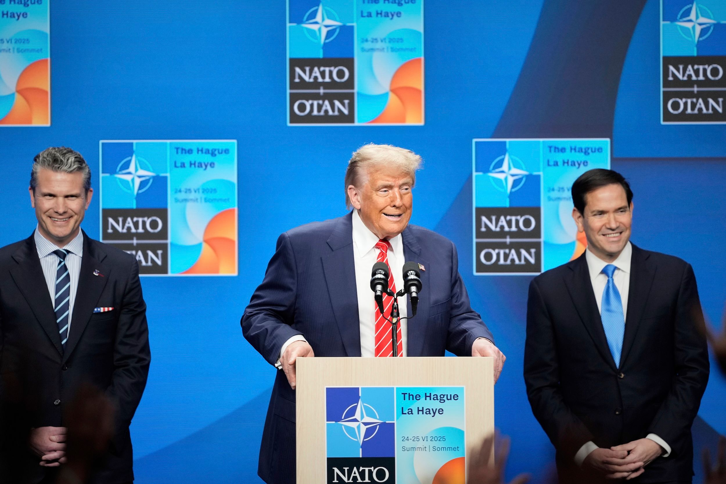 2025年6月25日、米国大統領トランプがNATOサミットで発言。（AP通信）