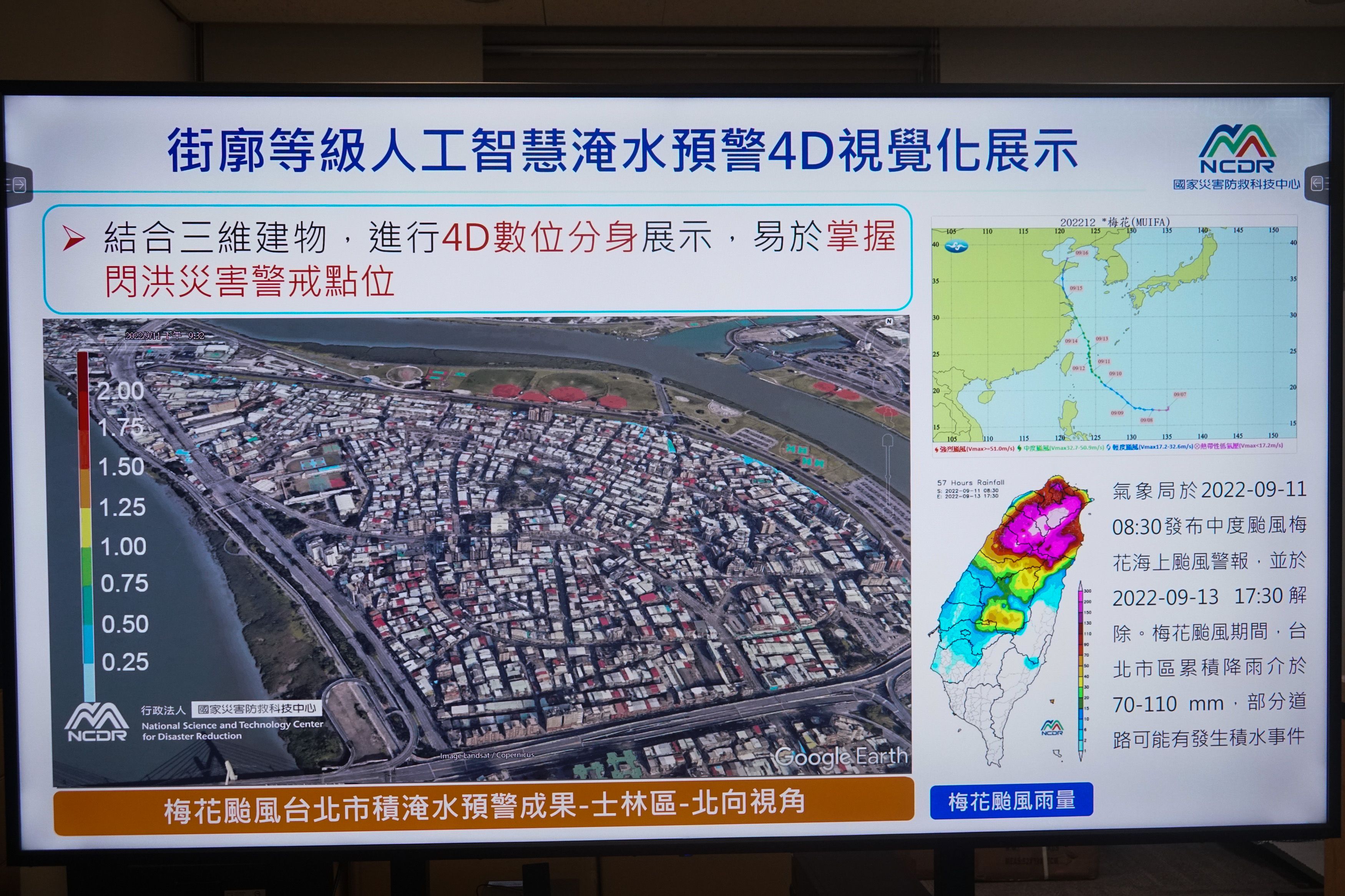 20250626-都市洪水予報AIシステム特集、画像はAI洪水4D視覚化プレゼン図。（蔡親傑攝）
