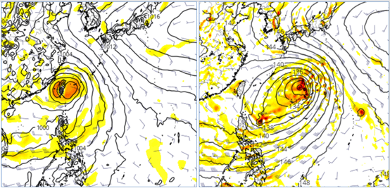 最新歐洲模式及美國模式，第8天（19日20時）模擬圖顯示，歐洲模擬熱帶系統登陸台灣（左圖），美國模擬還在琉球東南方（右圖），有明顯差異。（圖／取自氣象應用推廣基金會）
