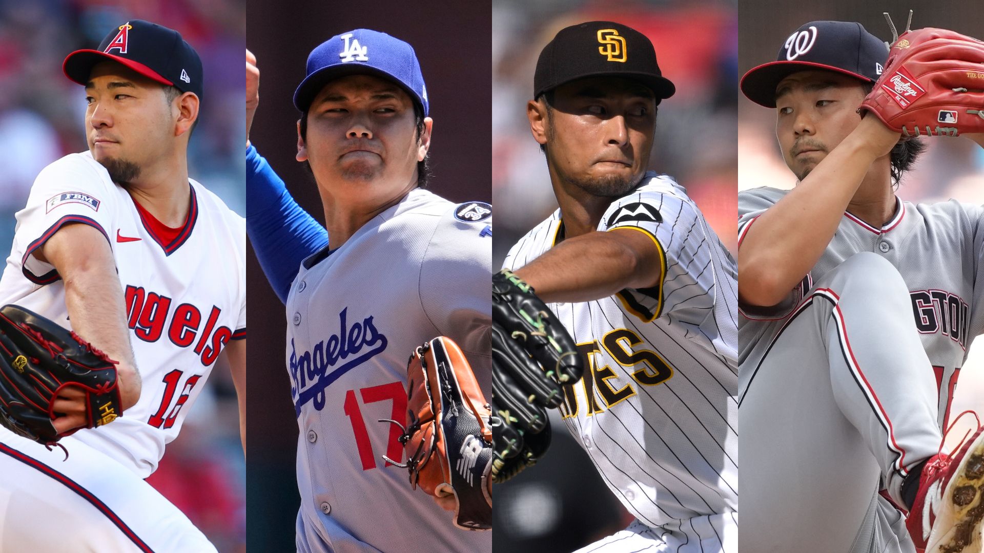 史上首次出現4名日籍投先發；左至右依序為菊池雄星、大谷翔平、達比修有、小笠原慎之介。（美聯社）