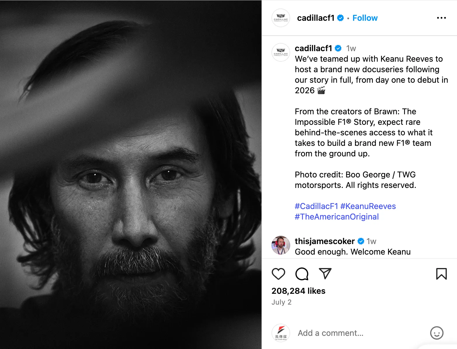 基努李維將擔任主持兼製作 2026 年新加入 F1 賽事的凱迪拉克車隊紀錄片。