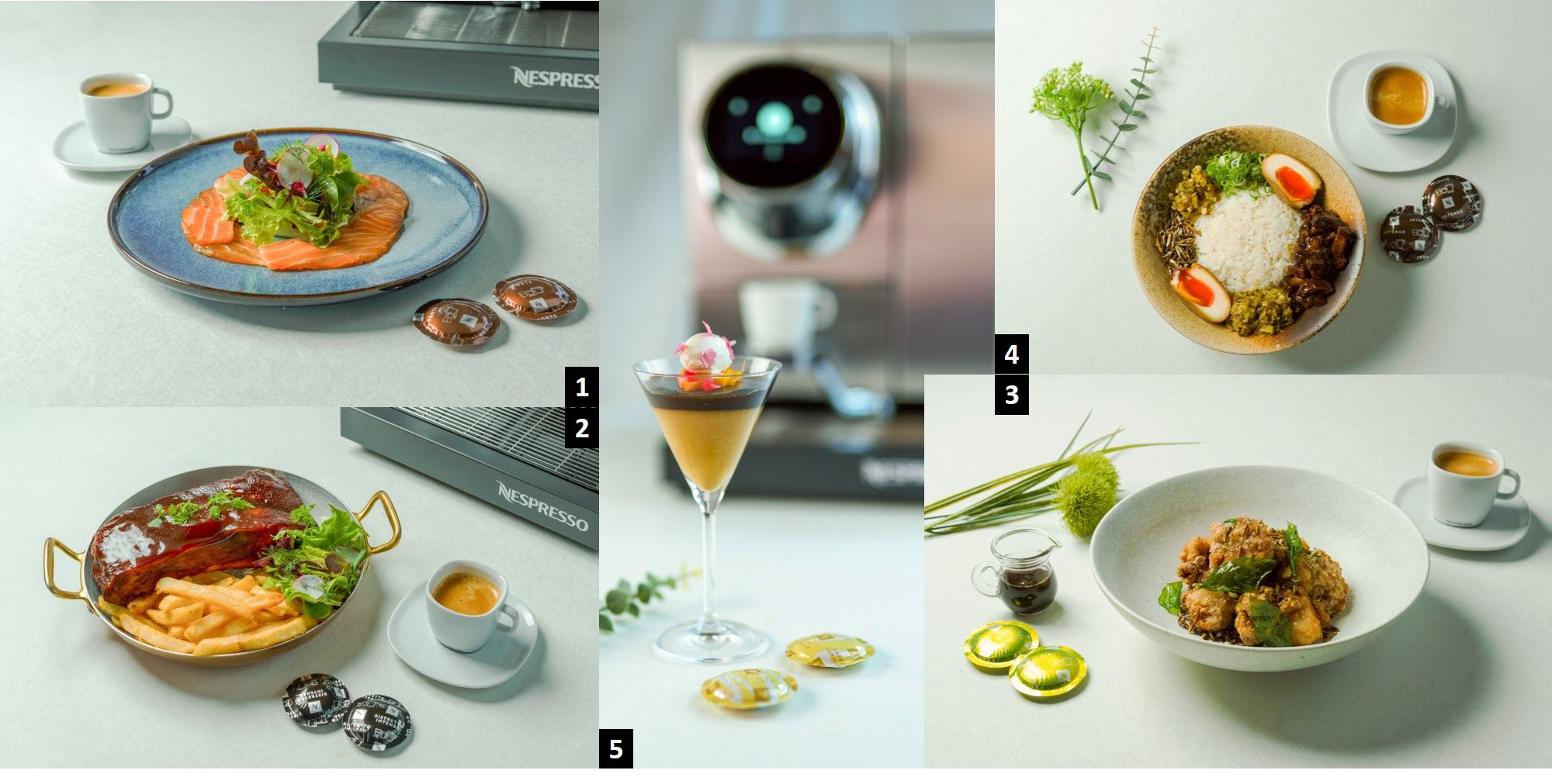 圖說 (1) 北歐深焙燻鮭魚，選用義式經典系列—馥緹（Forte）製作醬料來醃漬鮭魚。(2)焦香烤肋排，選用義式經典系列—芮斯崔朵-特濃（Ristretto Intenso）熬煮成濃郁醬汁。(3)咖啡脆.jpg