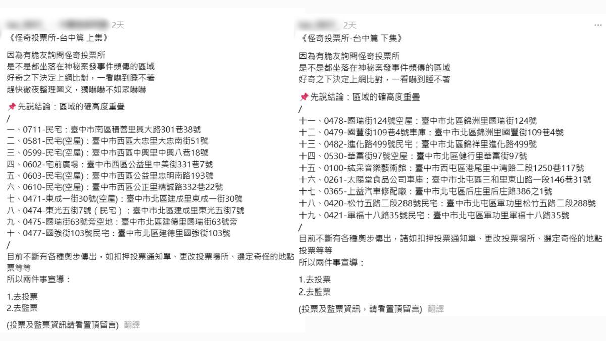 近日兩篇名為「台中怪奇投票所」的文章在Threads上引發關注，文章列出共19處台中市投票所地點，稱「更改投票場所、選定奇怪的地點投票」。（圖／翻攝自Threads）