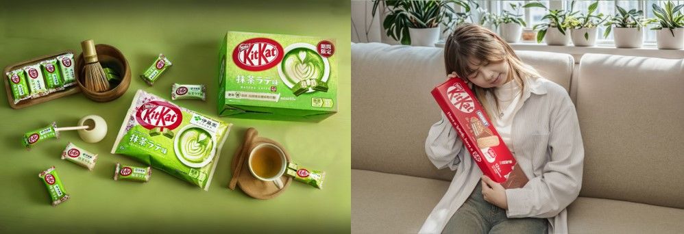 (左) 抹茶控必收！使用正宗伊藤園宇治抹茶粉 「KitKat抹茶拿鐵威化」限量登台。不用飛日本搶購，在台灣就能輕鬆買到最道地的日本抹茶風味。(右) KitKat X Lotus強勢聯名！強強聯手推出全新升級「KitKat超大蓮花酥脆威化」，不只好吃，更是吸睛滿點！