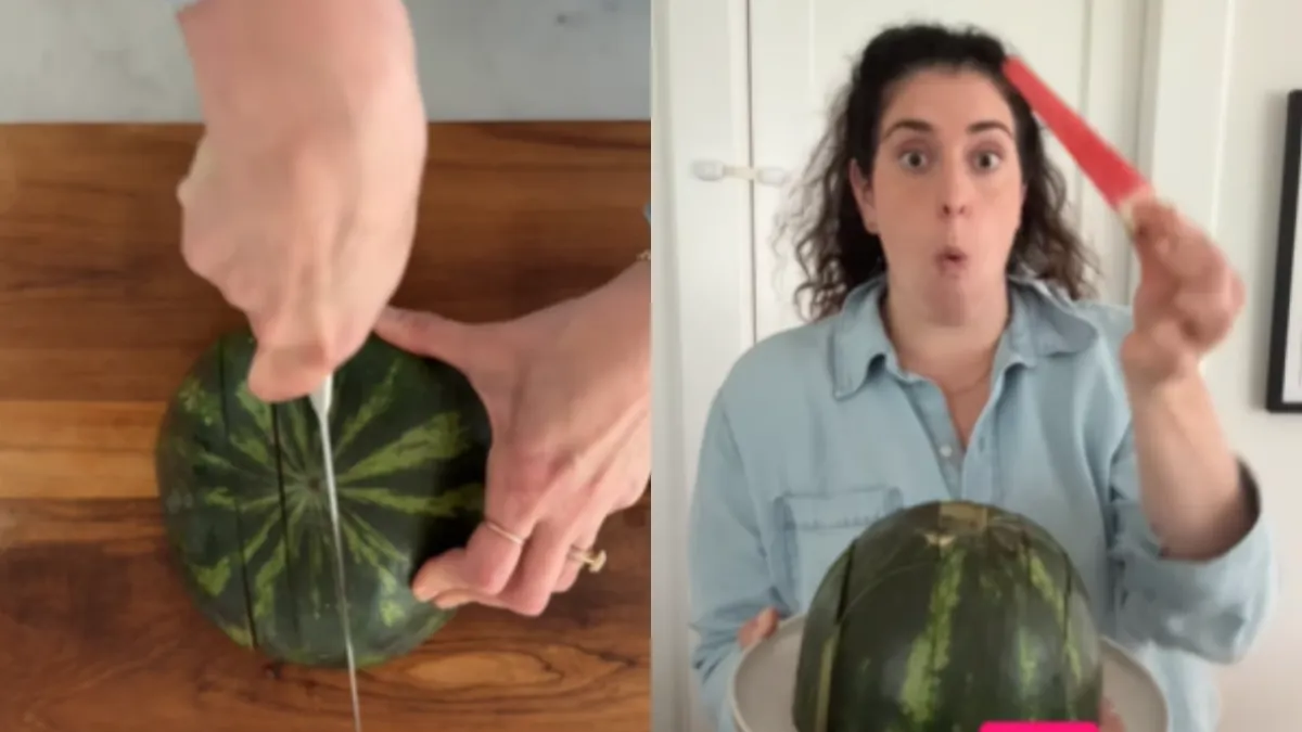 將西瓜切半後，切面朝下縱切6刀，橫切6～7刀形成網格狀，不僅好拿取，也不會沾手滴汁。（圖／翻攝自jeanettemadeit@instagram）