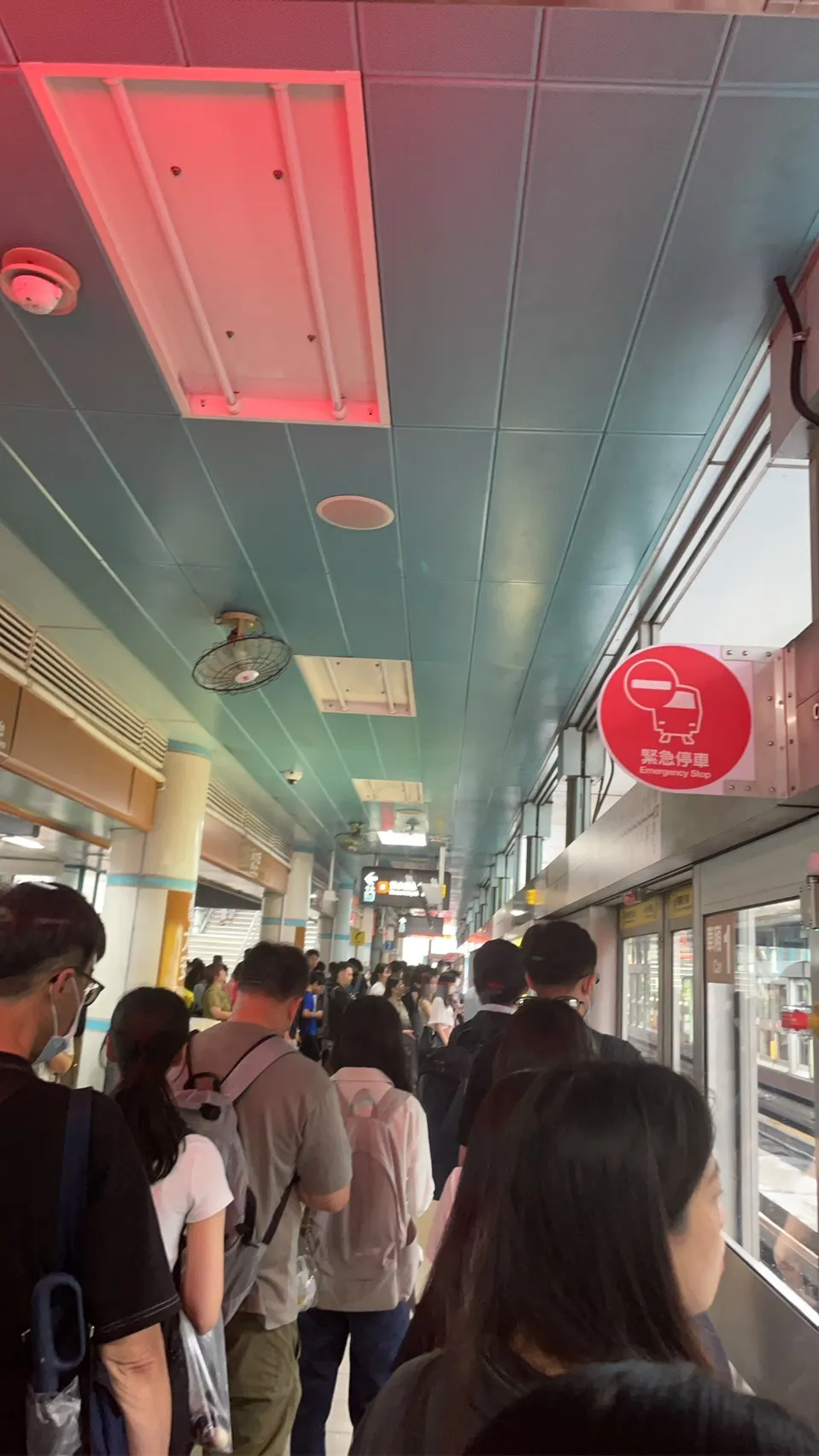 事故發生時正值早班上班族出門時間，加上當時外頭正下著傾盆大雨，許多捷運站月台人潮擠爆。（圖／編輯周育信攝）