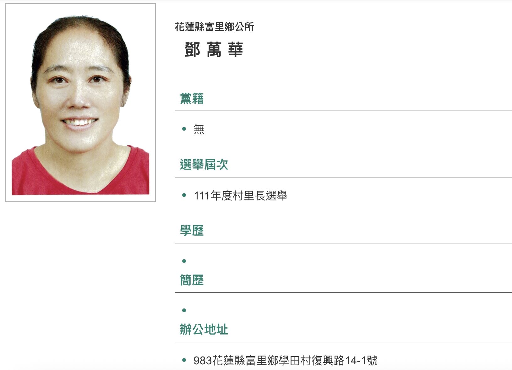 花蓮縣富里鄉學田村長鄧萬華是來自四川的陸配，因未放棄「大陸國籍」遭解職。（取自內政部網站）