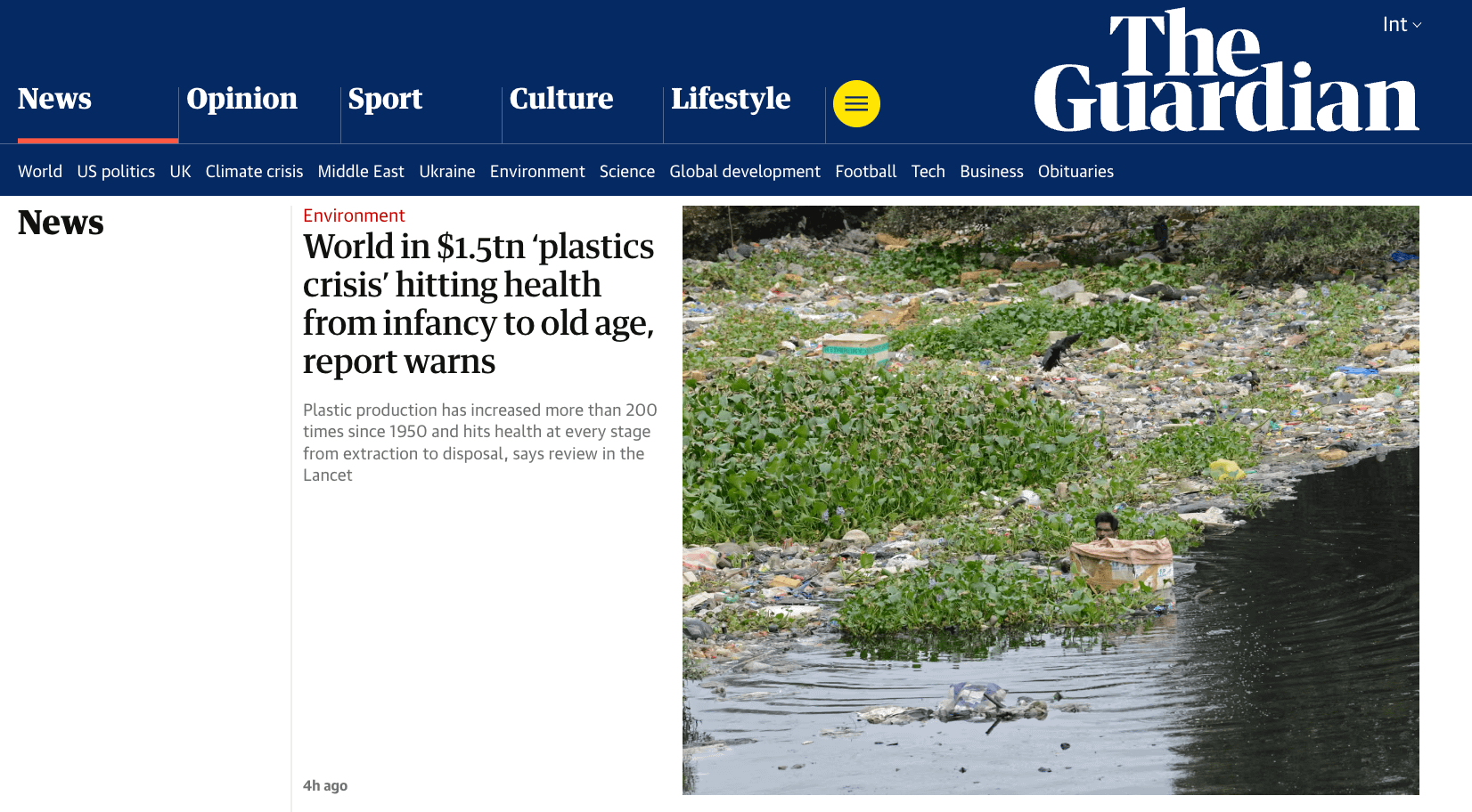 英國《衛報》4日頭條報導國際醫學期刊《刺胳針》（The Lancet）的最新研究：當前全球累積的塑膠廢棄物已達80億噸，每年造成至少1.5兆美元（約新台幣44兆元）的健康損失。