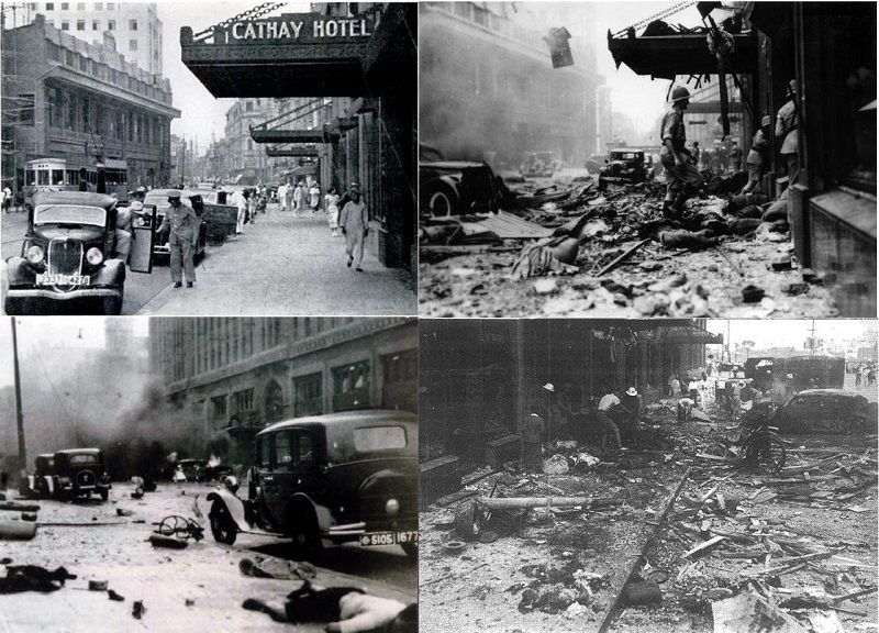 外灘南京路華懋、匯中飯店門前落彈 照片組合來自virtualshanghai.net，公開版權。（作者提供）