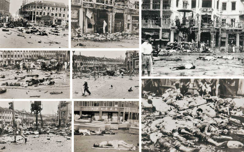 大世界落彈。照片組合來自virtualshanghai.net，公開版權。（作者提供）