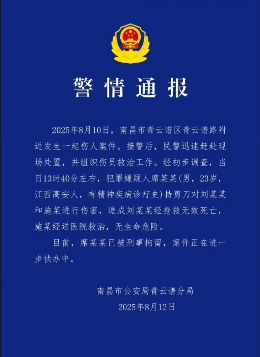 據警方通報，席男有精神疾病治療史，目前已被刑事拘留。（圖／翻攝畫面）