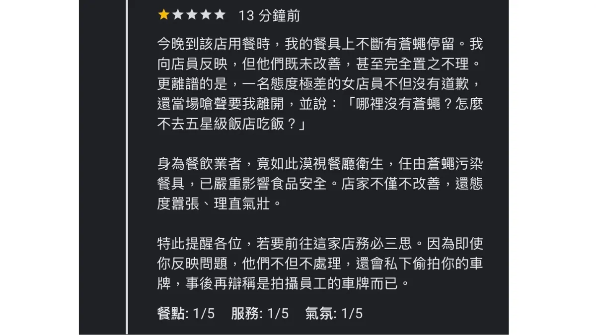 該名女客人在店家的Google評論留下1星負評。（圖／翻攝自Google Maps）