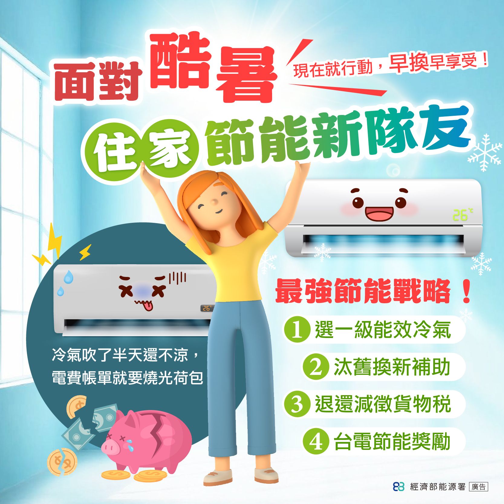 經濟部分享4招節能，夏天吹冷氣想省錢快學起來。（圖／取自經濟部能源署）