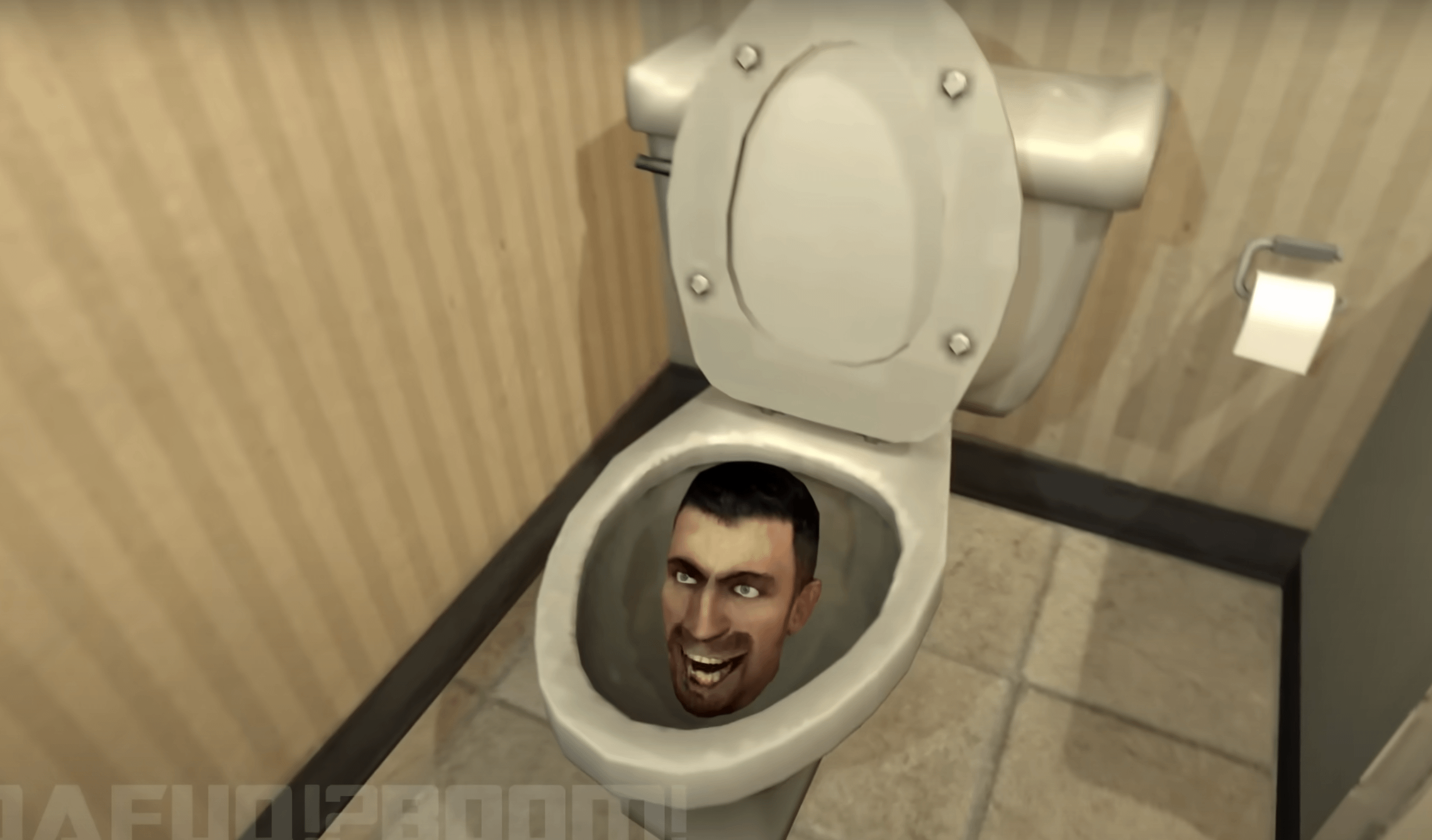 YouTube 爆紅動畫《Skibidi Toilet》（斯基比迪廁所）畫面中人頭從馬桶中冒出。（節取自YouTube頻道DaFuq!?Boom! ）