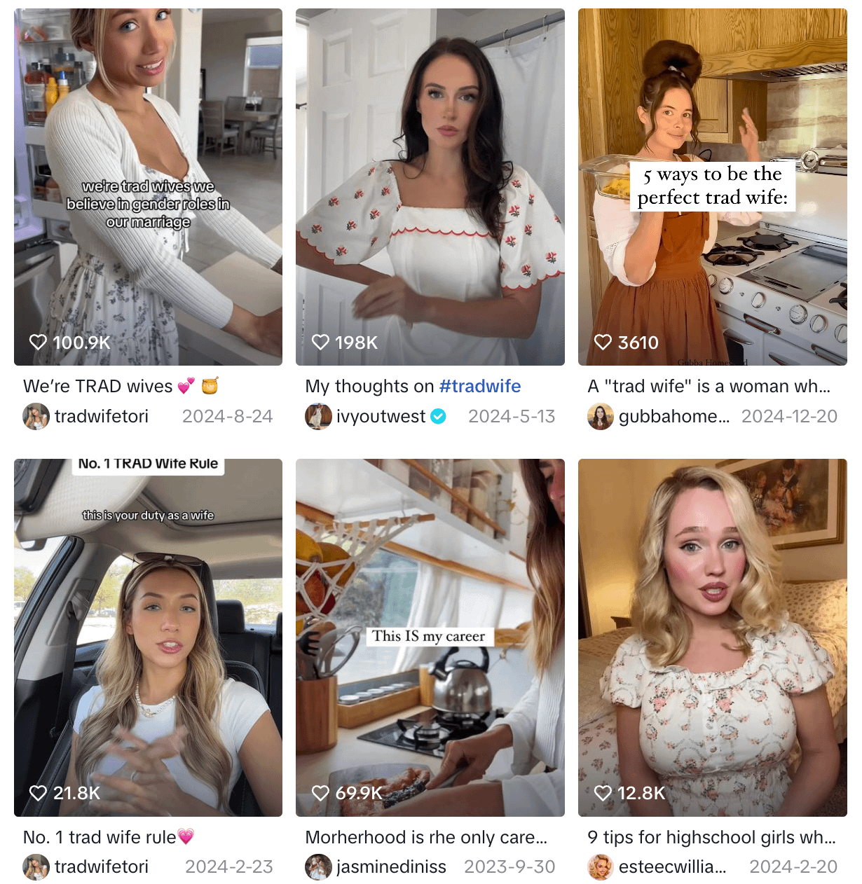 TikTok上推崇保守價值、強調相夫教子與家庭主婦生活的女性網紅，稱為「tradwife」。（擷取自TikTok）