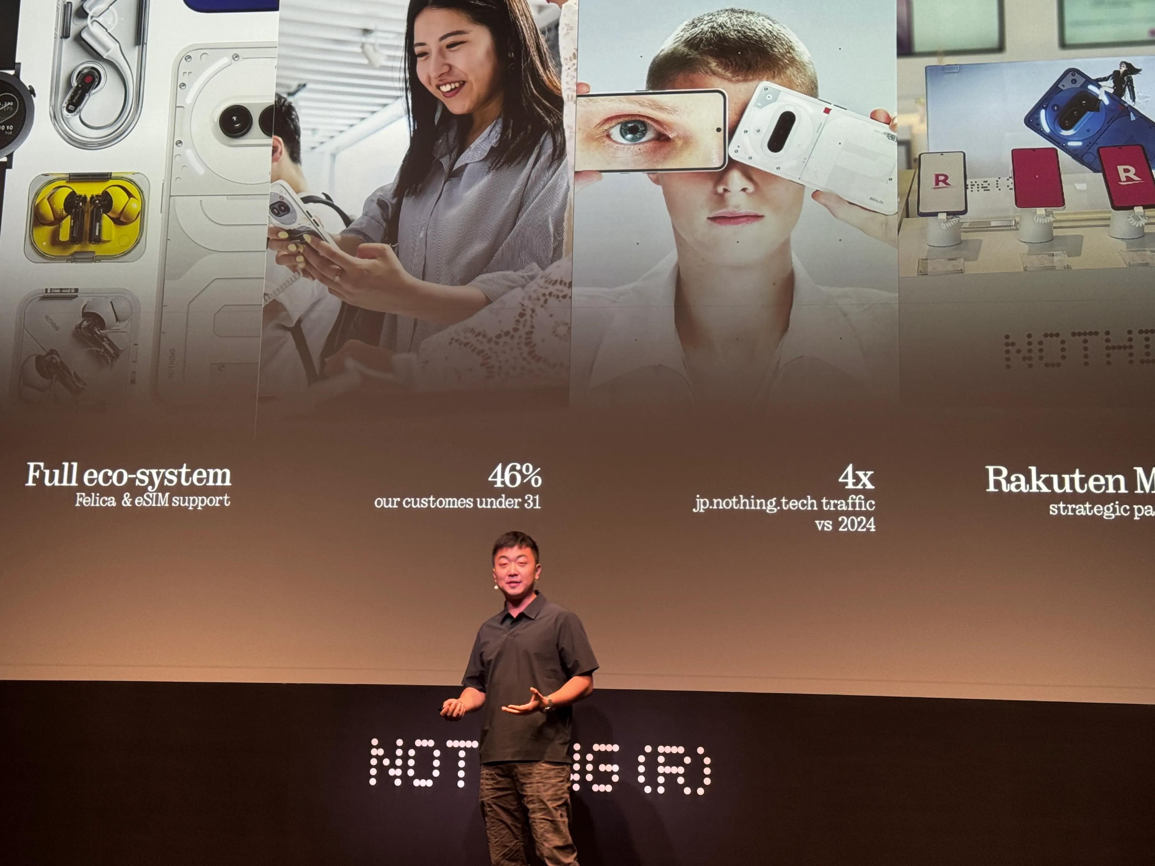 ロンドン拠点のNothingは20日、東京で新製品発表会を開き、Phone (3)とHeadphone (1)を披露し、経営陣と楽天モバイル幹部が日本市場戦略と提携を語った。黃信維