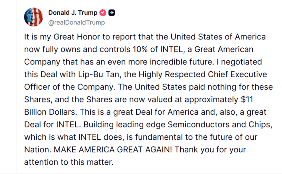 美國總統川普在社群發文，大力讚揚政府取得英特爾10%股權一事。（翻攝自truth social）
