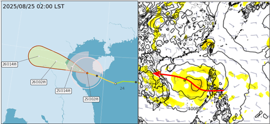 第13號颱風「中颱劍魚」（左圖）今（25）日下午登陸越南； 28日起熱帶擾動在南海逐漸發展成颱，偏西北西進行，未來動向類似「劍魚」。（圖／翻攝自氣象應用推廣基金會）