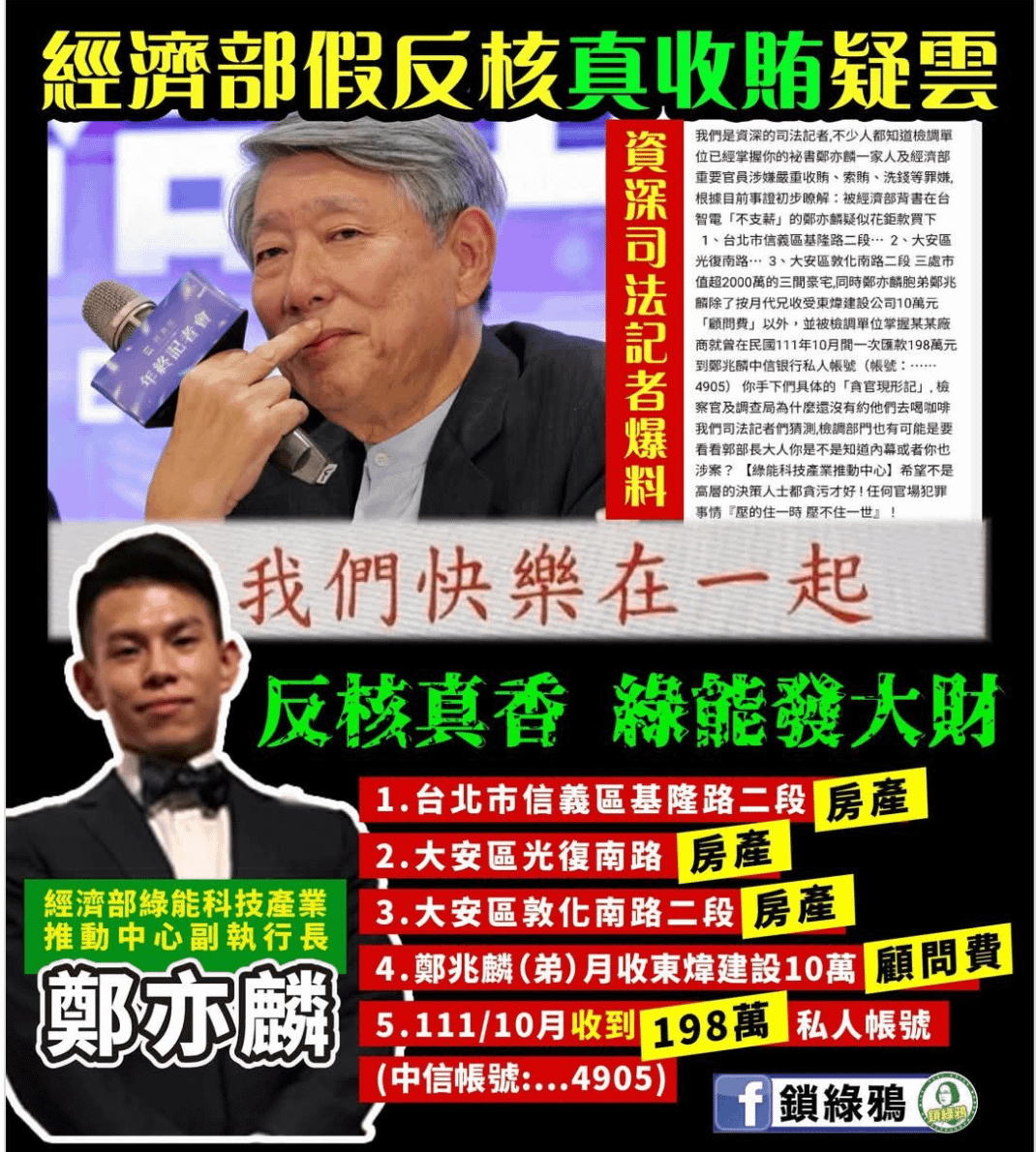 經濟部「綠能科技產業中心」爆收賄弊案。（取自鎖綠鴉臉書）