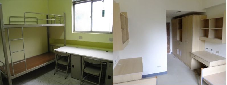 左為政大新生宿舍（自強七、八舍），右為校內價格最高的自強十舍。 圖／翻攝官網／政大學務處