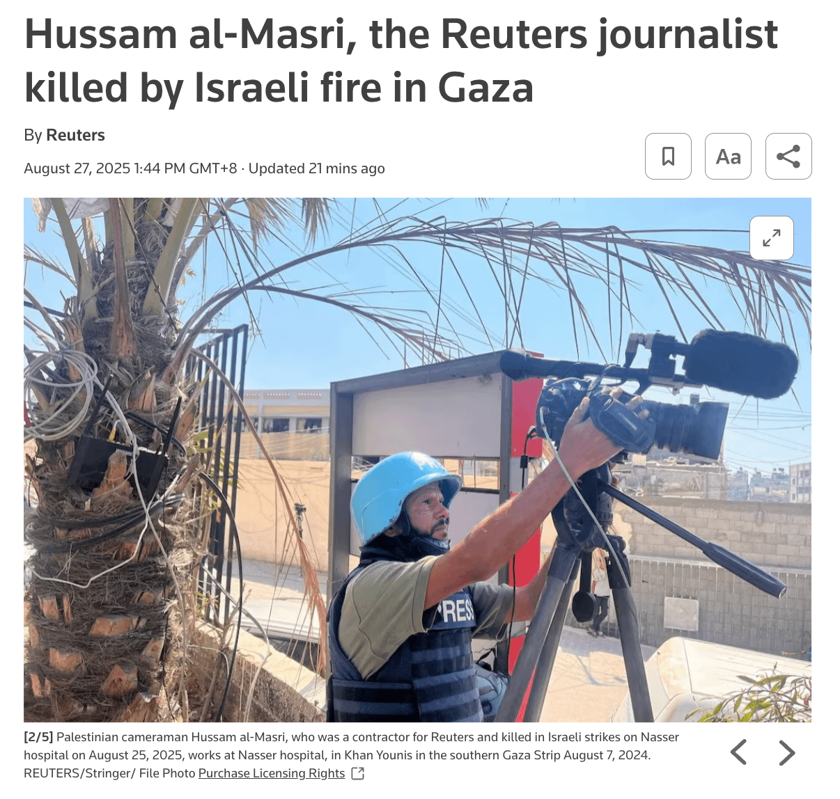 路透社特稿悼念在2025年8月24日遭以色列空襲身亡的約聘攝影記者馬士禮（Hussam al-Masri）（擷取自路透）。
