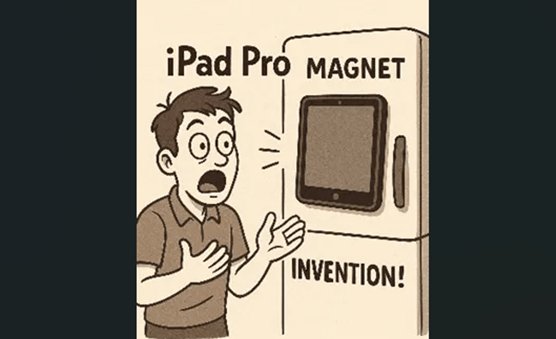 ipad pro內的磁鐵居然多到可以像磁貼依樣吸附在冰箱面板上！在2018年的iPad Pro因為內建了超過100塊磁鐵，磁力強到可以吸附在冰箱等金屬表面。後來雖然減少用量，但仍是很多。（張慶瑞提供）