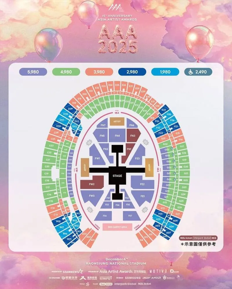 2025 Asia Artist Awards IN KAOHSIUNG完整票價與座位圖。（圖／取自Ibon官網）