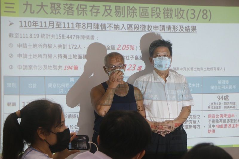 王木琳（左）與作者徐世榮教授（右）在內政部土地徵收審議小組會議中，反對區段徵收並對政府漠視民意表達抗議。（作者提供）