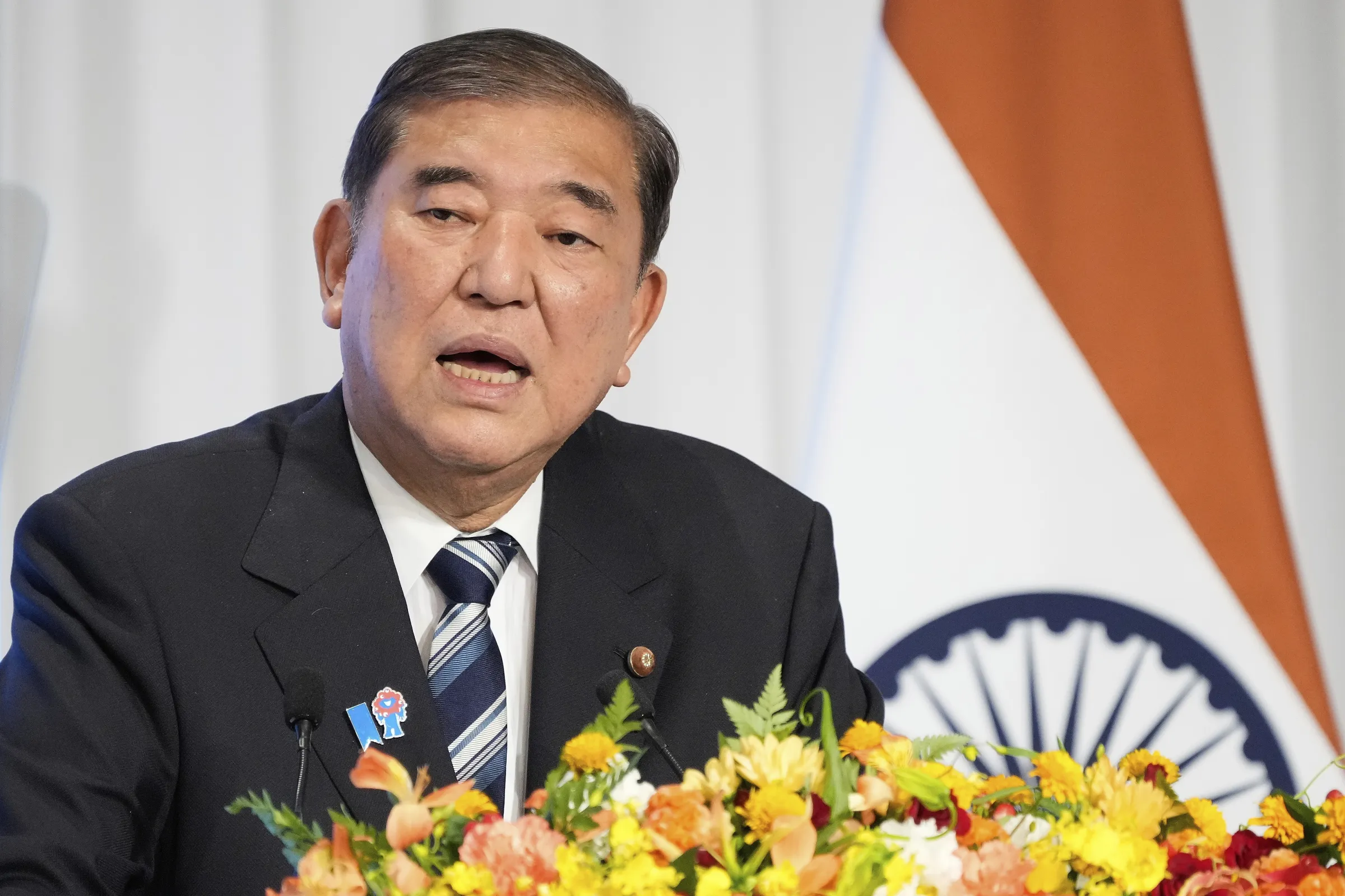 2025年8月29日，日本東京，日本首相石破茂在「日印經濟論壇」上發表演說。（美聯社）