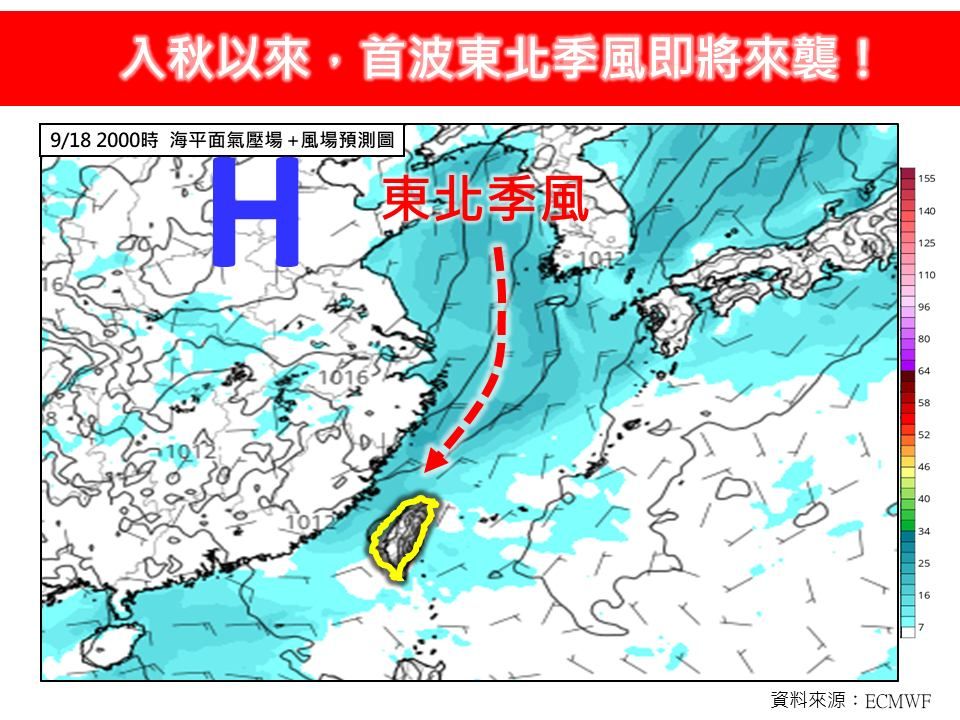 気象専門家の林得恩氏は秋の初めの北東季節風が18日前後に到来することを明らかにし、北部および東北部の風上側地域では曇天と短時間のにわか雨、局地的な強風が予想されている。（画像／林老師気象ステーションのFacebookページより）