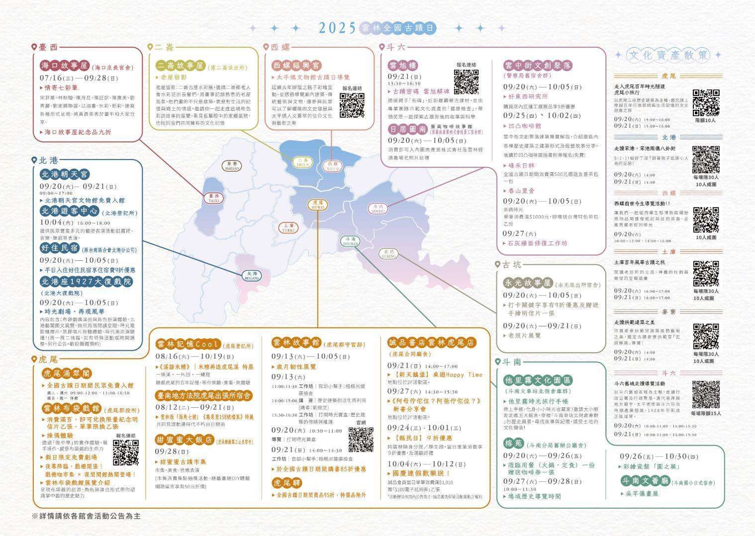雲林縣26處文化資產場域，同步推出33場精彩活動，還有6條「文資散策」路線。（圖／雲林縣政府文觀處提供）