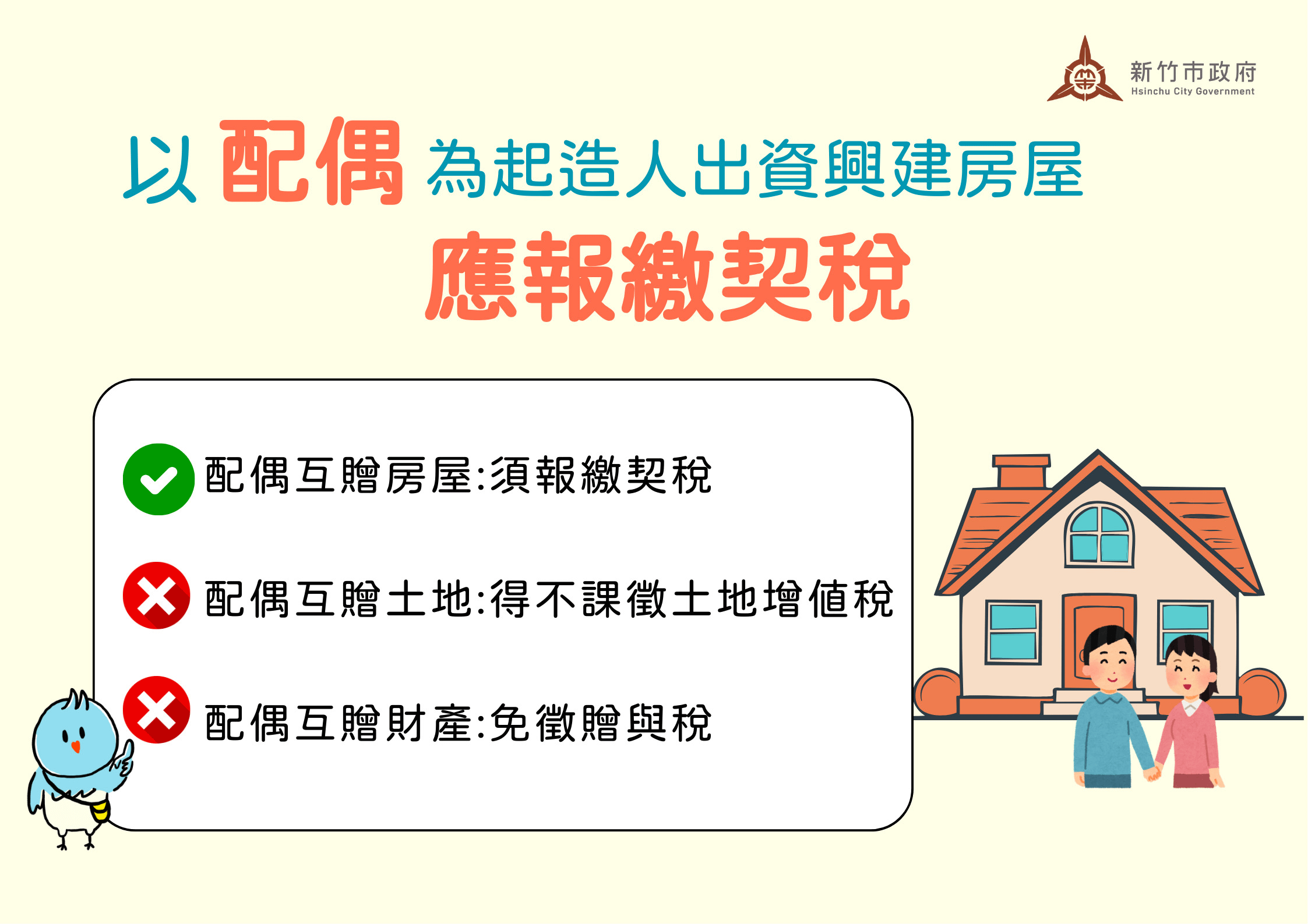 出資為配偶蓋房須注意！竹市稅務局提醒60天內未申報繳納契稅恐受罰。（圖／取自新竹市政府稅務局）